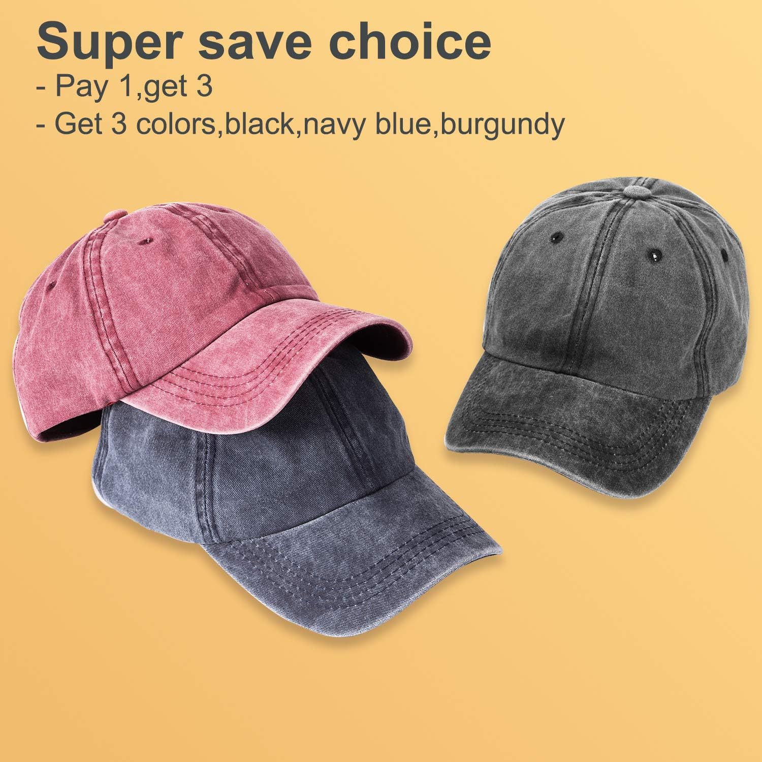 MEINICY 3 Packs Washed-Cotton Plain Baseball Cap, Vintage Adjustable Dad Hats Gift for Men/Women,Unstructured