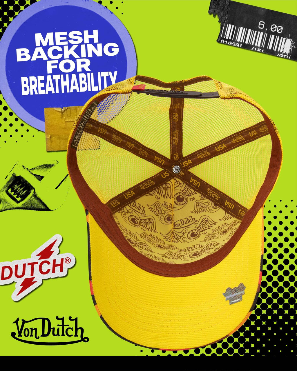 Von Dutch Monogram Trucker Cap - Retro Snapback Cap for Men and Women - Adjustable Snap Fit Panel, Mesh Rear, Curved Bill