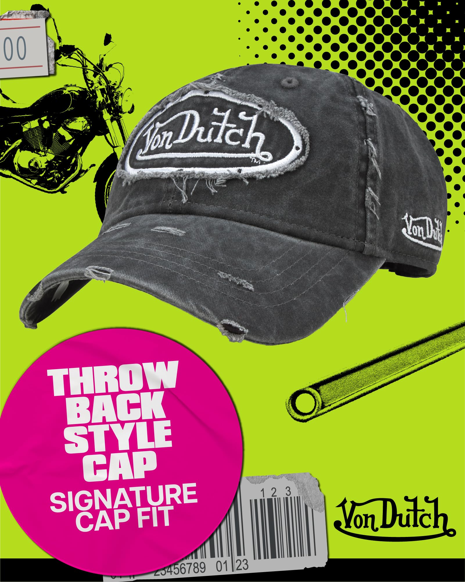 Von Dutch Men & Womens Baseball Caps - Breathable Adjustable Snapback Soft Cotton Canvas Curved Brim Vintage Hat, Size One Size, Black Distressed with Patched