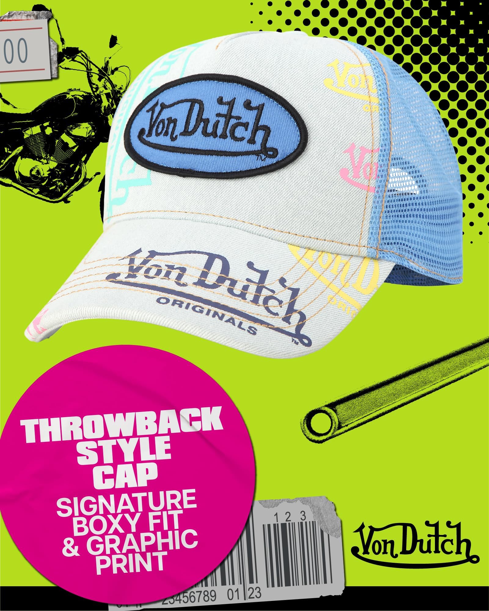 Von Dutch Monogram Trucker Cap - Retro Snapback Cap for Men and Women - Adjustable Snap Fit Panel, Mesh Rear, Curved Bill