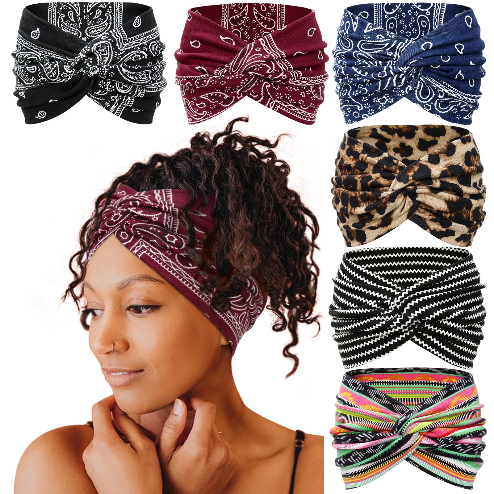 Tobeffect 7'' Extra Wide Headbands for Women, Large Thick Turban Head Wrap Headband, Boho Bandana Head Bands for Women's Hair, Non Slip Workout Yoga Hairband Hair Accessories, 6 Pack