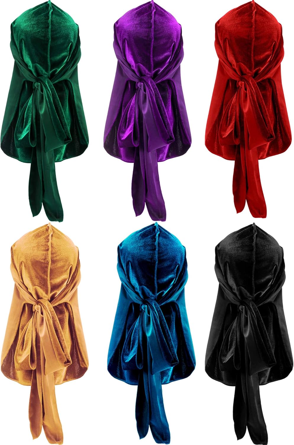Tatuo 6 Pack Velvet Durag for Men Women, 41 Inch Extra Long Tail, Stretchable Wave Cap for 360/540/720 Waves(Green, Purple, Red, Gold, Blue, Dark)