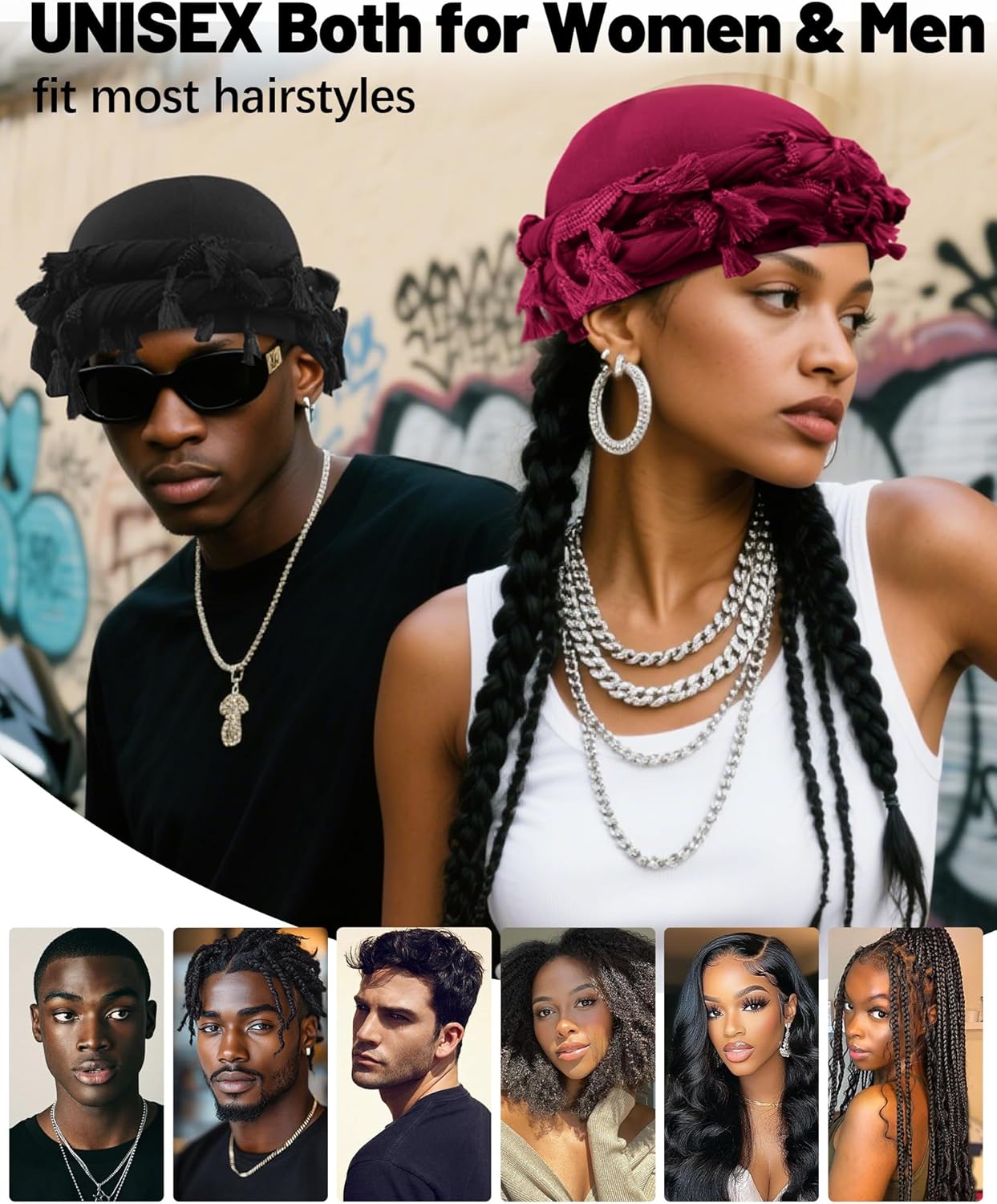 Ababalaya Adjustable Satin Lined Halo Turban Durag for Men &Women Twisted Tassel Head Wraps, Beanie Hats for Hair Losss, Black&Red, 2PCS