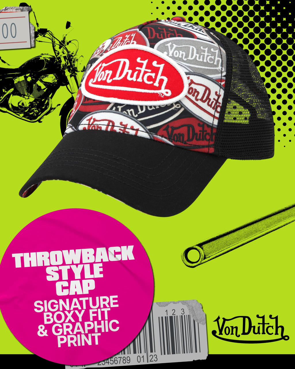 Von Dutch Monogram Trucker Cap - Retro Snapback Cap for Men and Women - Adjustable Snap Fit Panel, Mesh Rear, Curved Bill