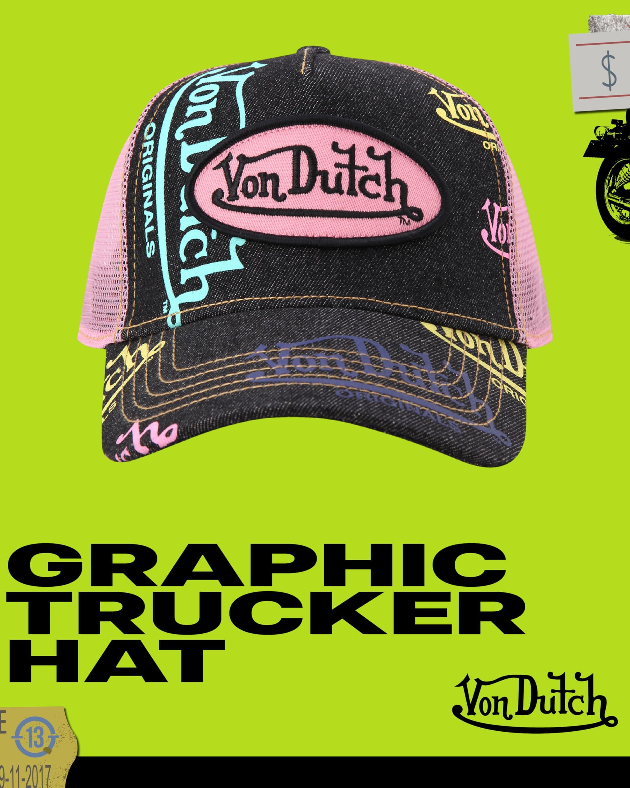 Von Dutch Monogram Trucker Cap - Retro Snapback Cap for Men and Women - Adjustable Snap Fit Panel, Mesh Rear, Curved Bill
