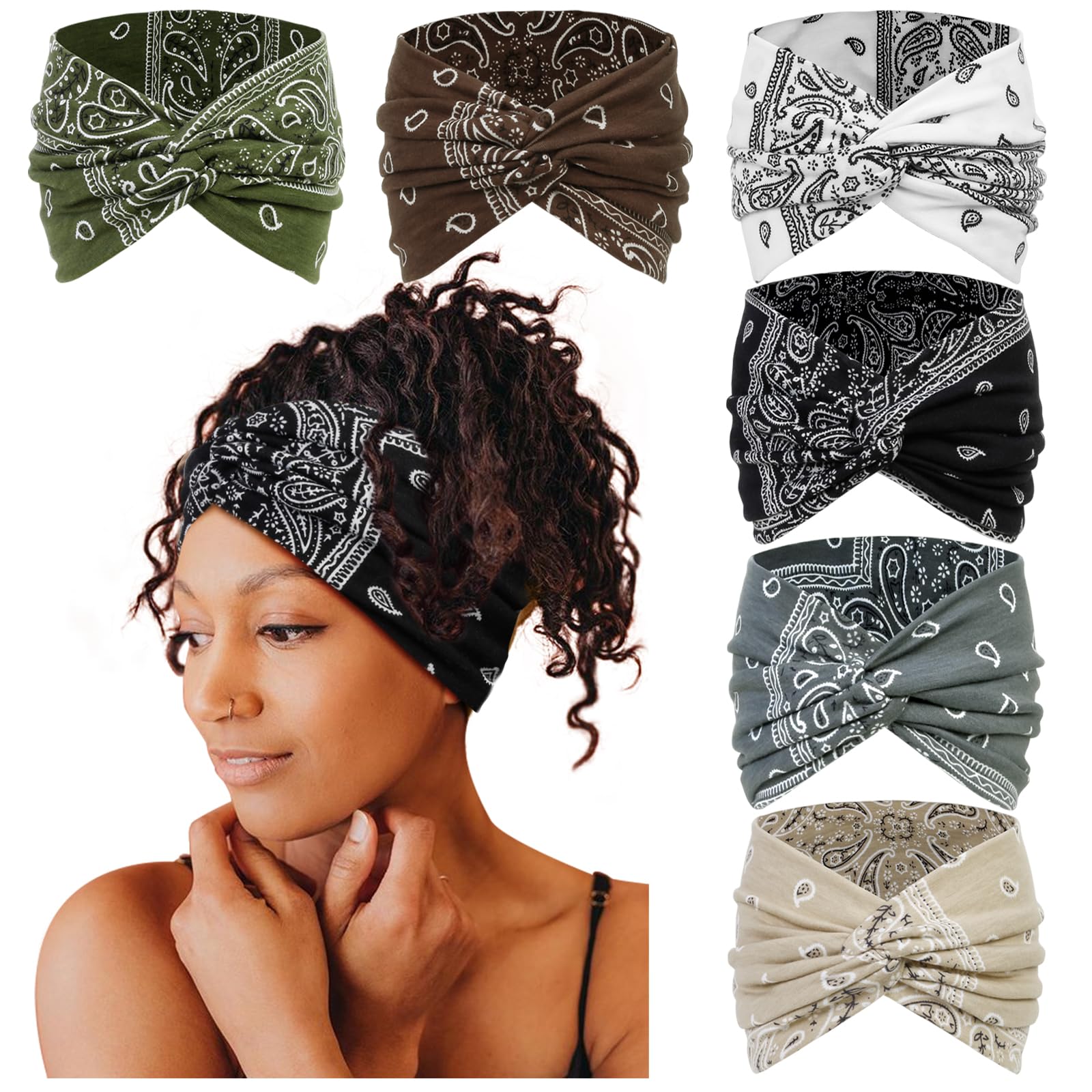 Tobeffect 7'' Extra Wide Headbands for Women, Large Thick Turban Head Wrap Headband, Boho Bandana Head Bands for Women's Hair, Non Slip Workout Yoga Hairband Hair Accessories, 6 Pack