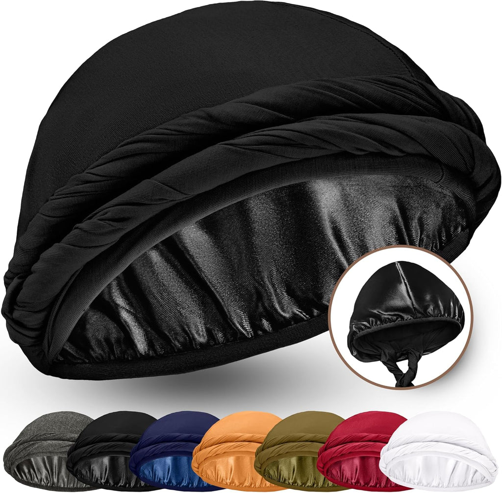 Silk Satin Lined Halo Turban Head Wrap Pre-Tied Skull Cap for Men and Women Sleeping Bonnet Hair Cover Chemo Hair Loss Hat