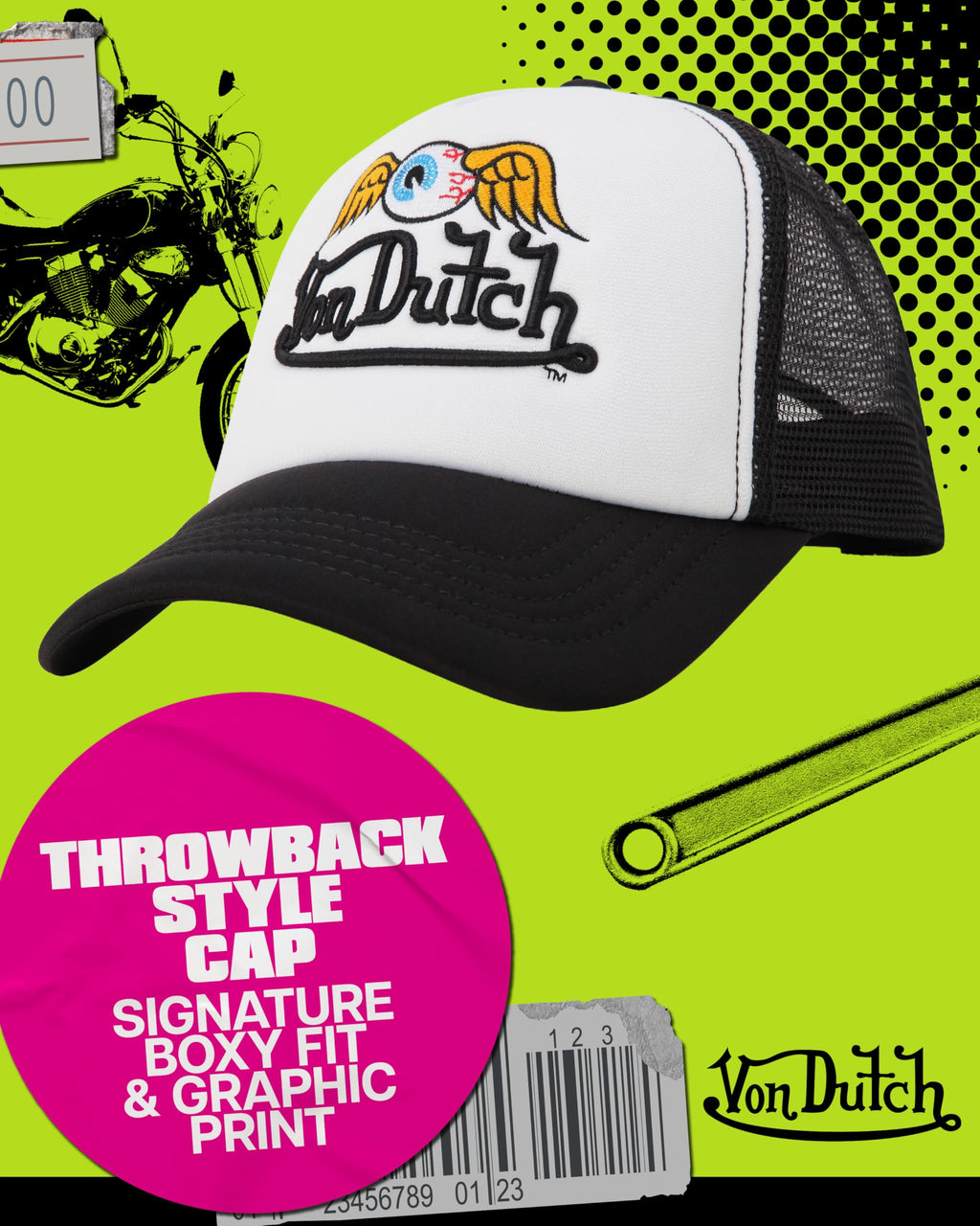 Von Dutch Monogram Trucker Cap - Retro Snapback Cap for Men and Women - Adjustable Snap Fit Panel, Mesh Rear, Curved Bill