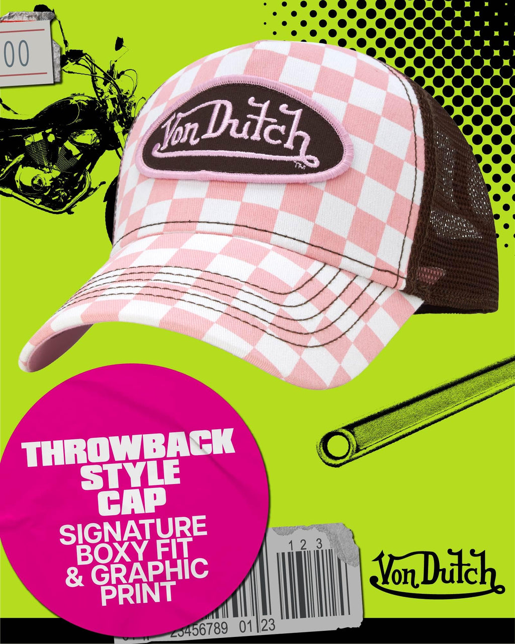 Von Dutch Monogram Trucker Cap - Retro Snapback Cap for Men and Women - Adjustable Snap Fit Panel, Mesh Rear, Curved Bill