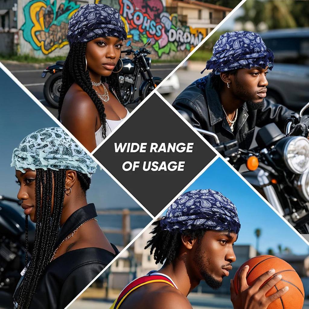 Turban for Men, Paisley Turban Durags with Tassel, Satin Lined Head Wraps, Vintage Pre-Tied Tassels Braid Bonnet Durag