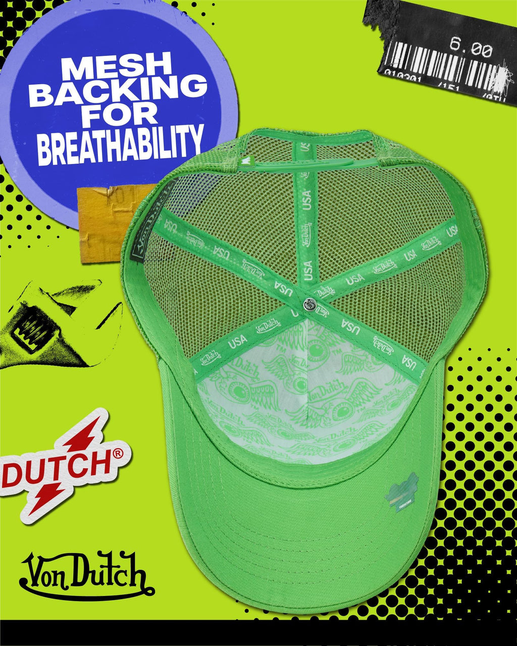 Von Dutch Unisex Trucker Hat - Retro Classic Solid Color Mesh Back Snapback Baseball Cap for Men & Women, Size One Size, Bright Green