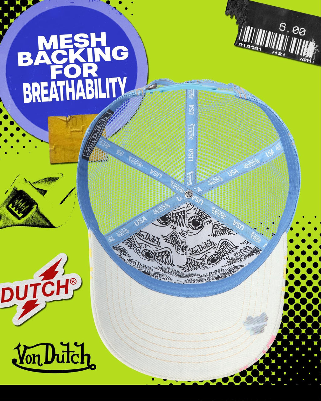 Von Dutch Monogram Trucker Cap - Retro Snapback Cap for Men and Women - Adjustable Snap Fit Panel, Mesh Rear, Curved Bill