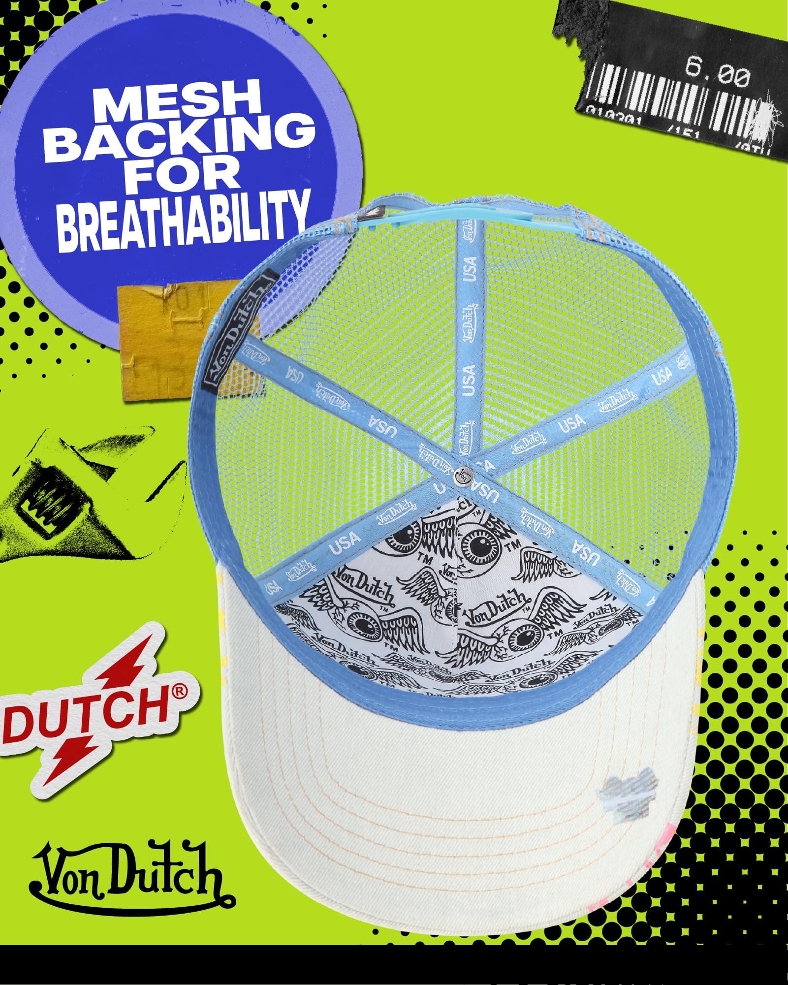 Von Dutch Monogram Trucker Cap - Retro Snapback Cap for Men and Women - Adjustable Snap Fit Panel, Mesh Rear, Curved Bill