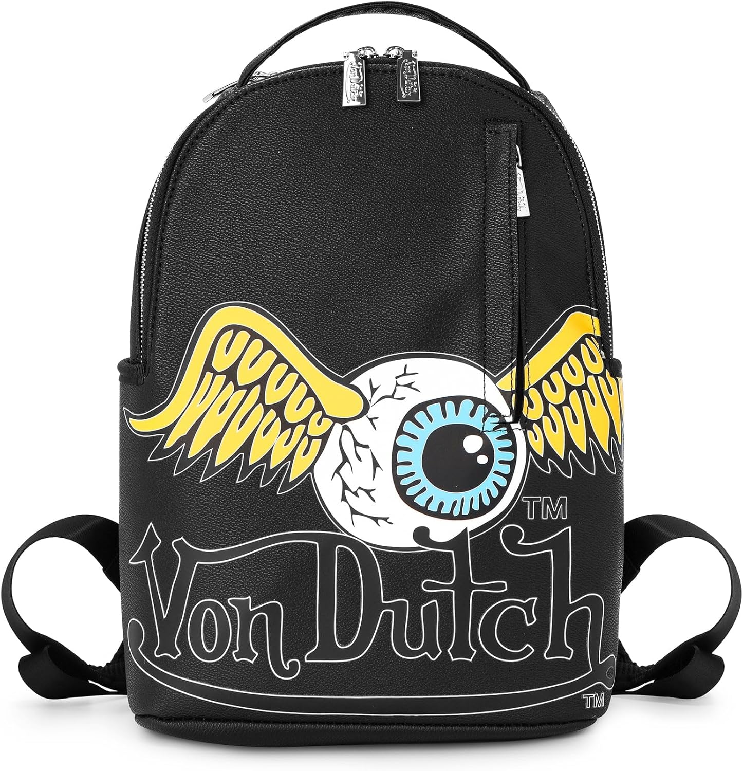 Von Dutch Small Backpack – Stylish Multi‑Purpose Backpack with Front Zip Pocket, Adjustable Straps, and Durable Design (Black Flying Eye)