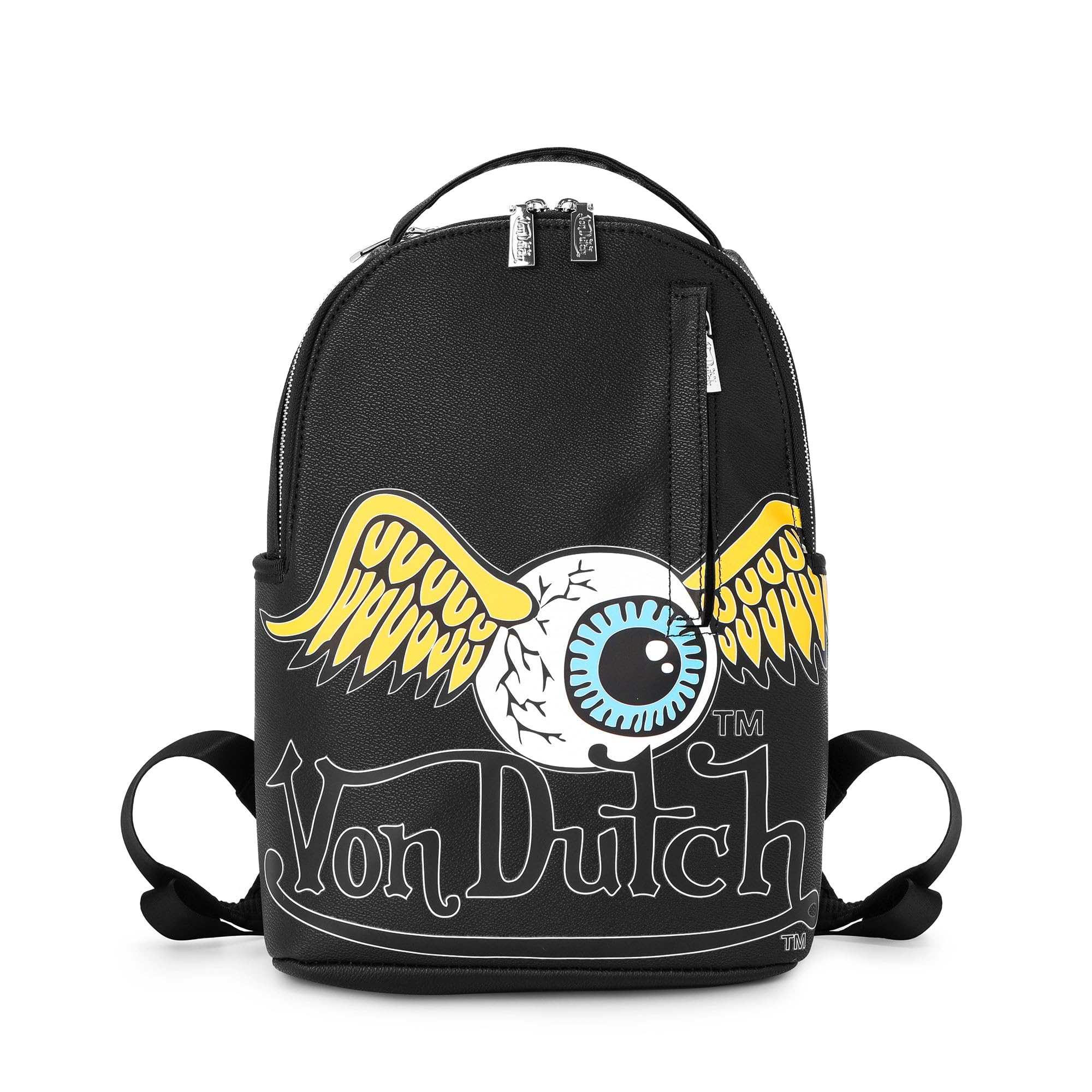 Von Dutch Small Backpack – Stylish Multi‑Purpose Backpack with Front Zip Pocket, Adjustable Straps, and Durable Design (Black Flying Eye)