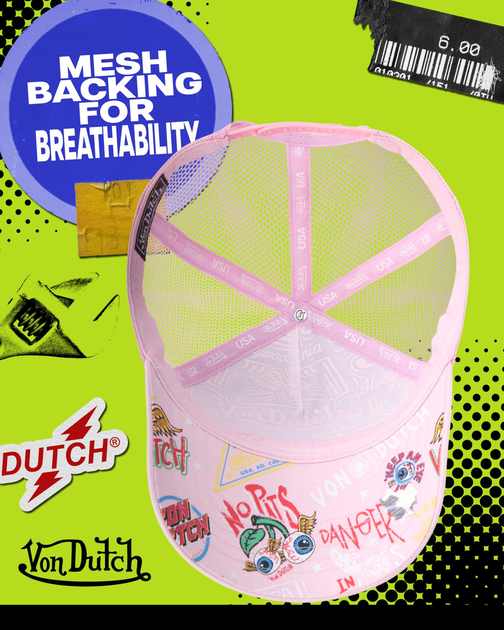 Von Dutch Monogram Trucker Cap - Retro Snapback Cap for Men and Women - Adjustable Snap Fit Panel, Mesh Rear, Curved Bill