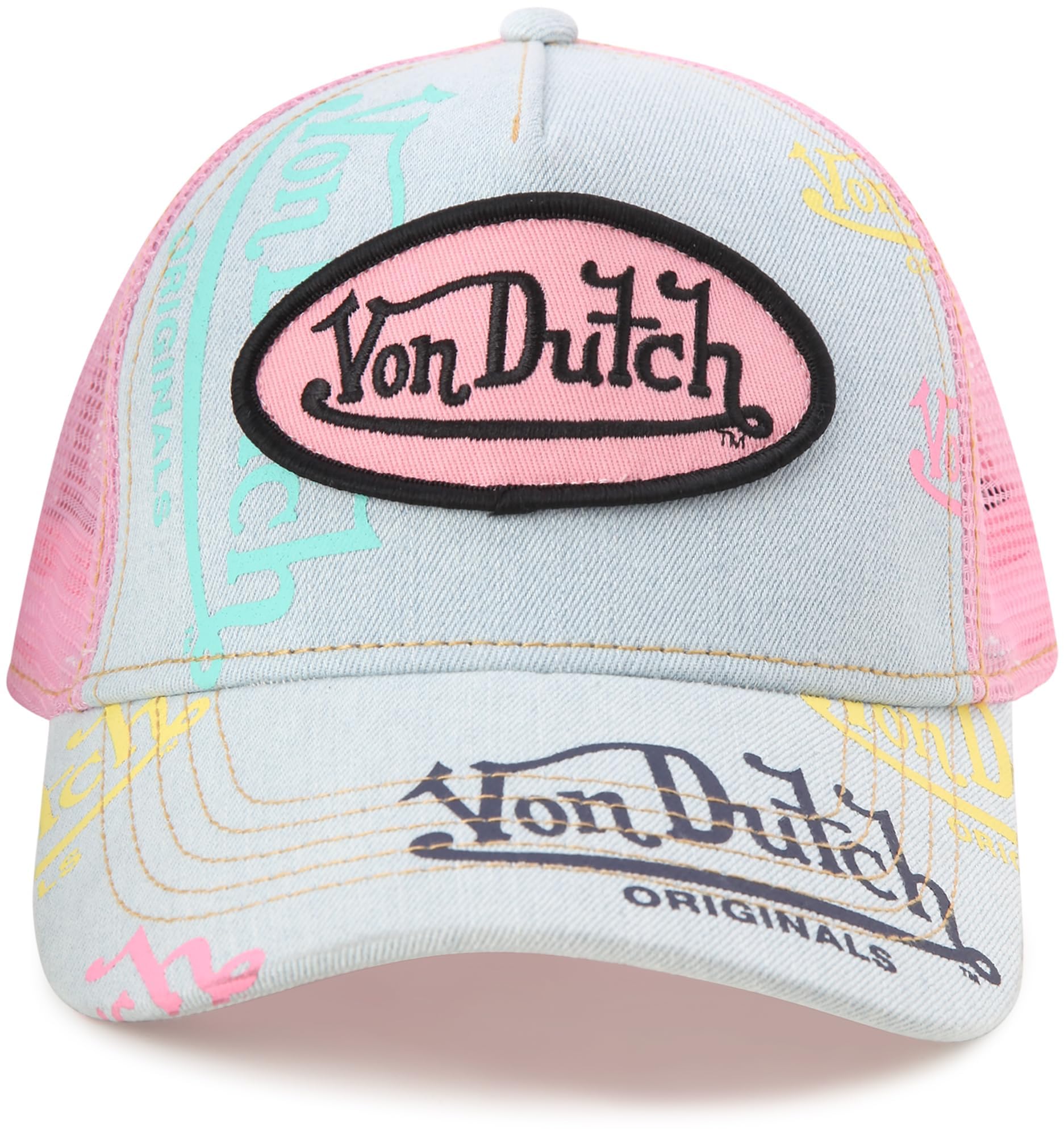 Von Dutch Monogram Trucker Cap - Retro Snapback Cap for Men and Women - Adjustable Snap Fit Panel, Mesh Rear, Curved Bill