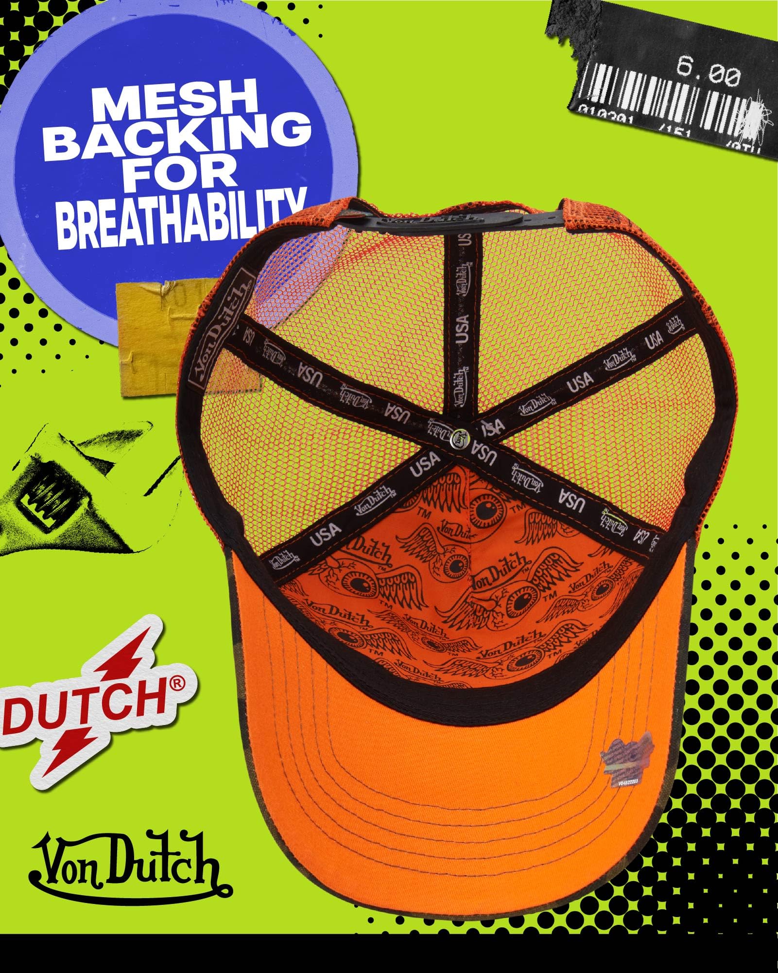 Von Dutch Monogram Trucker Cap - Retro Snapback Cap for Men and Women - Adjustable Snap Fit Panel, Mesh Rear, Curved Bill