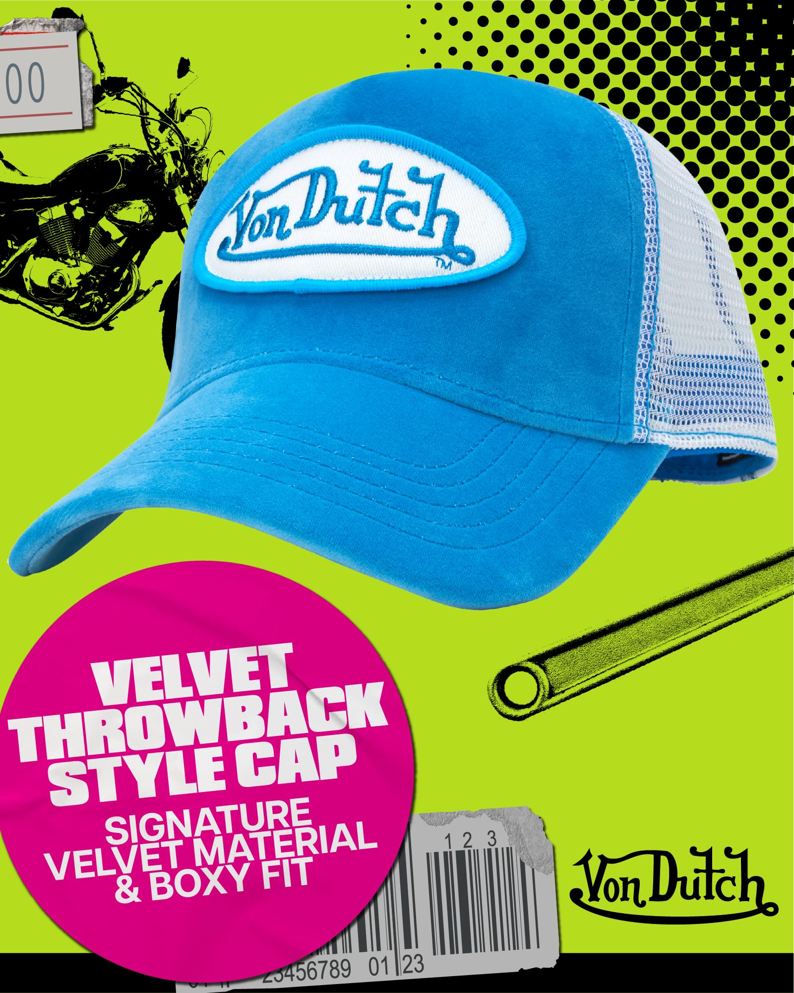 Von Dutch Unisex Trucker Hat - Velvet Curved Bill Mesh Back Retro Classic Adjustable Snapback Baseball Cap for Men and Women, Size One Size, Blue