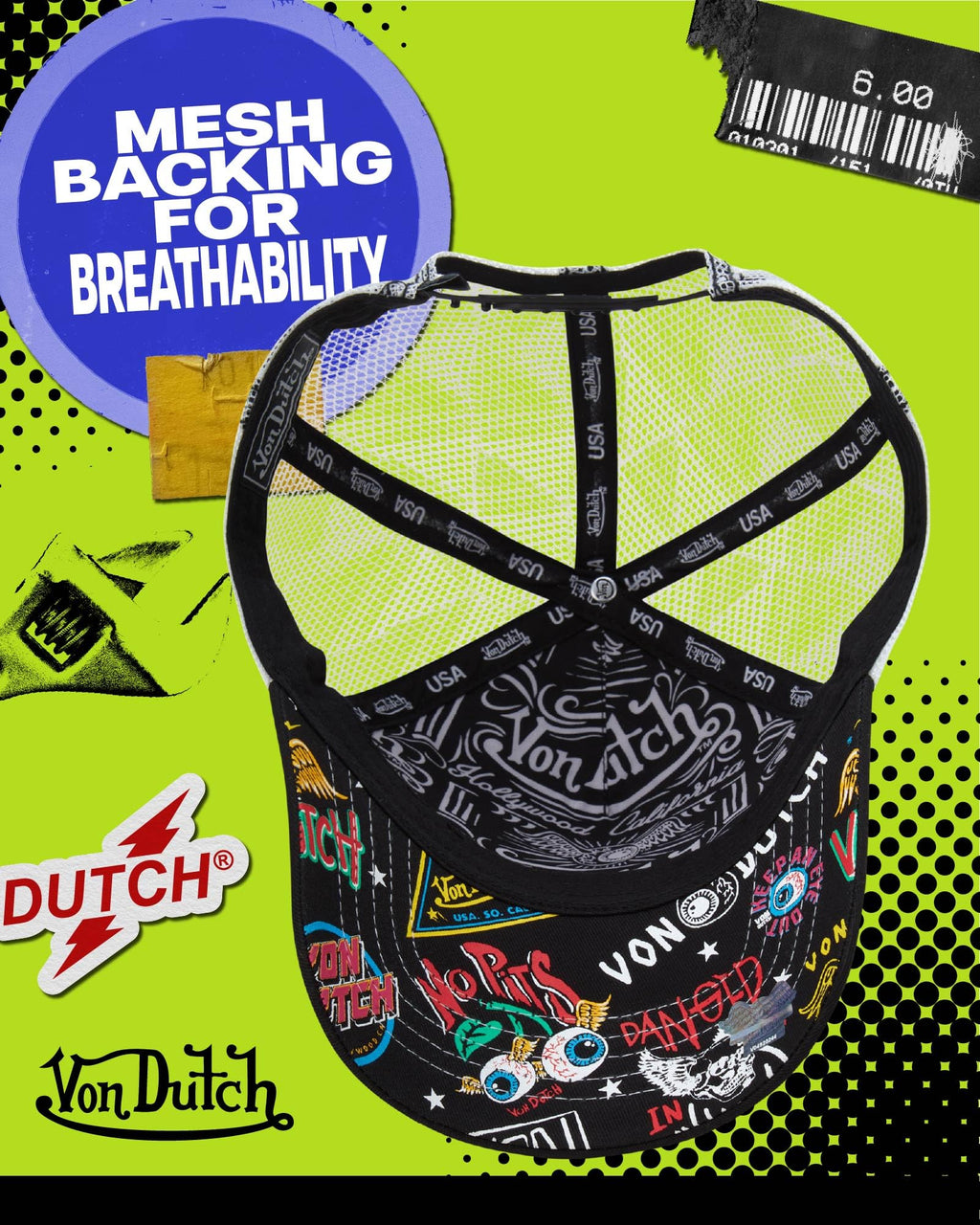 Von Dutch Monogram Trucker Cap - Retro Snapback Cap for Men and Women - Adjustable Snap Fit Panel, Mesh Rear, Curved Bill