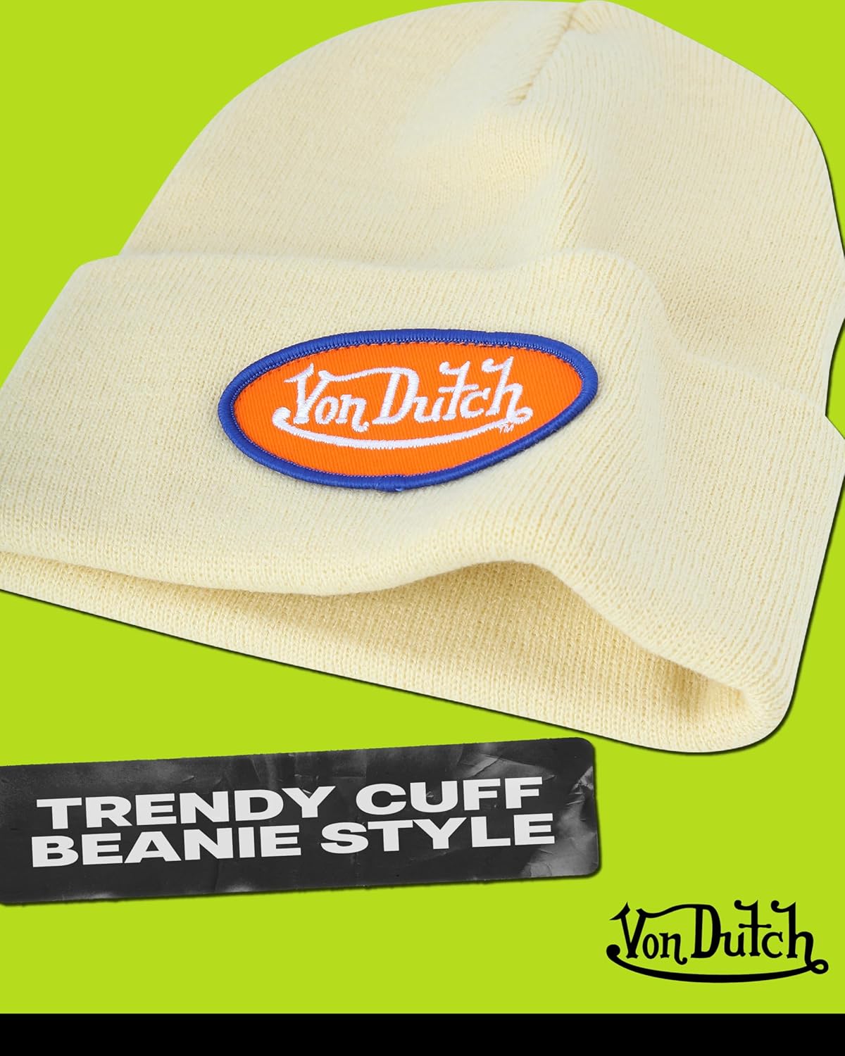 Von Dutch Womens Beanie Hat - Soft Cuffed Knitted Skull Cap Graphic Winter Beanie for Women with Embroidered Logo
