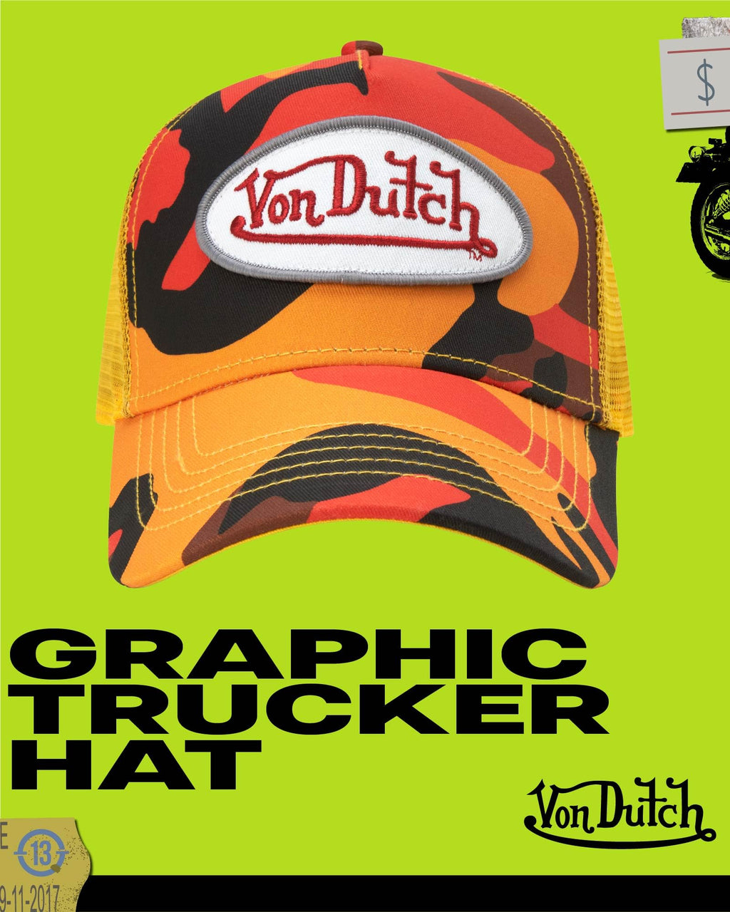 Von Dutch Monogram Trucker Cap - Retro Snapback Cap for Men and Women - Adjustable Snap Fit Panel, Mesh Rear, Curved Bill