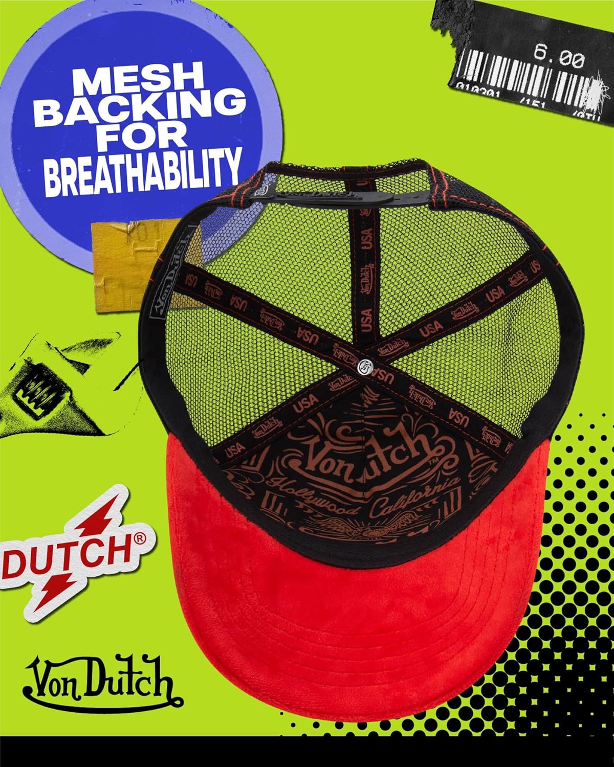 Von Dutch Unisex Trucker Hat - Velvet Curved Bill Mesh Back Retro Classic Adjustable Snapback Baseball Cap for Men and Women
