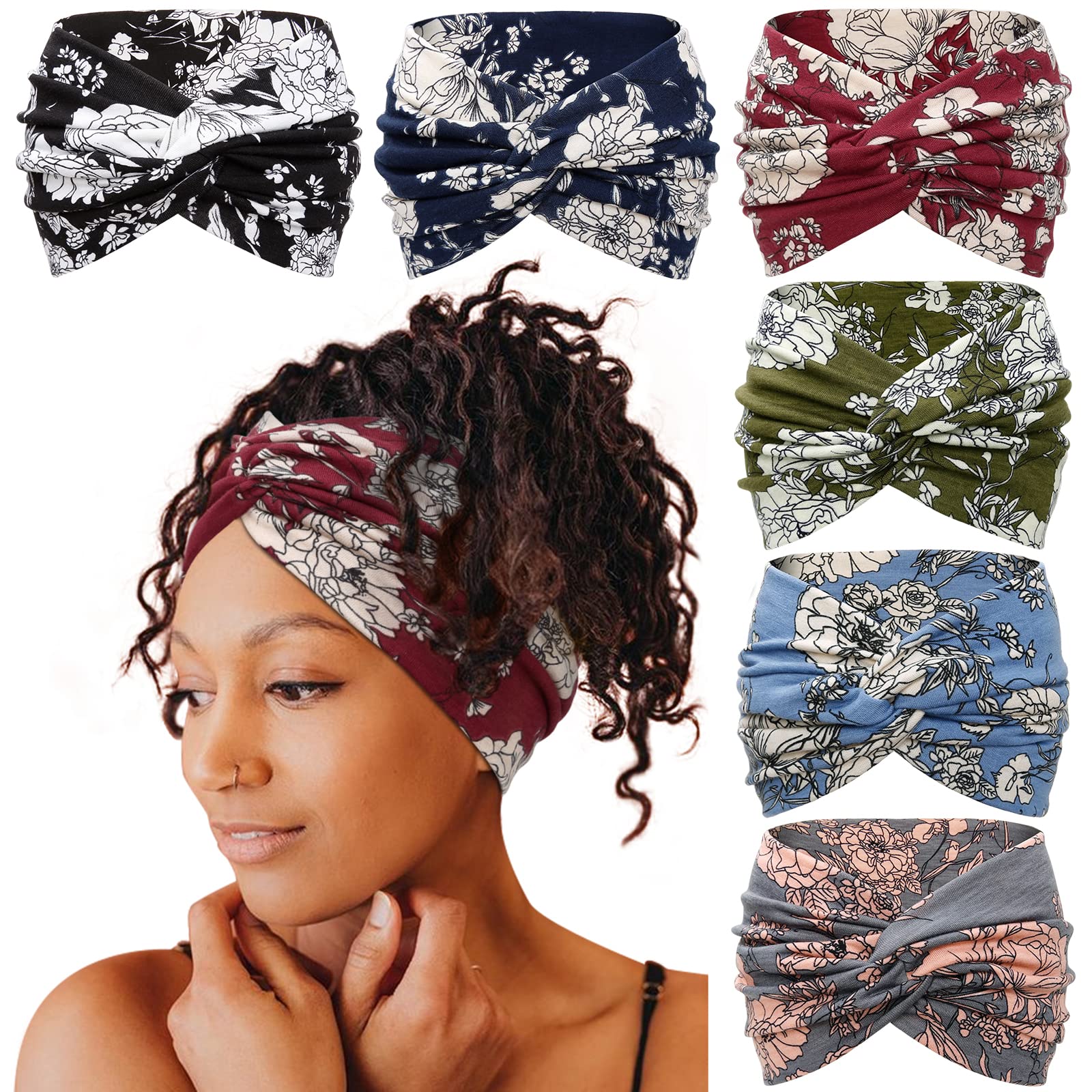 Tobeffect 7'' Extra Wide Headbands for Women, Large Thick Turban Head Wrap Headband, Boho Bandana Head Bands for Women's Hair, Non Slip Workout Yoga Hairband Hair Accessories, 6 Pack
