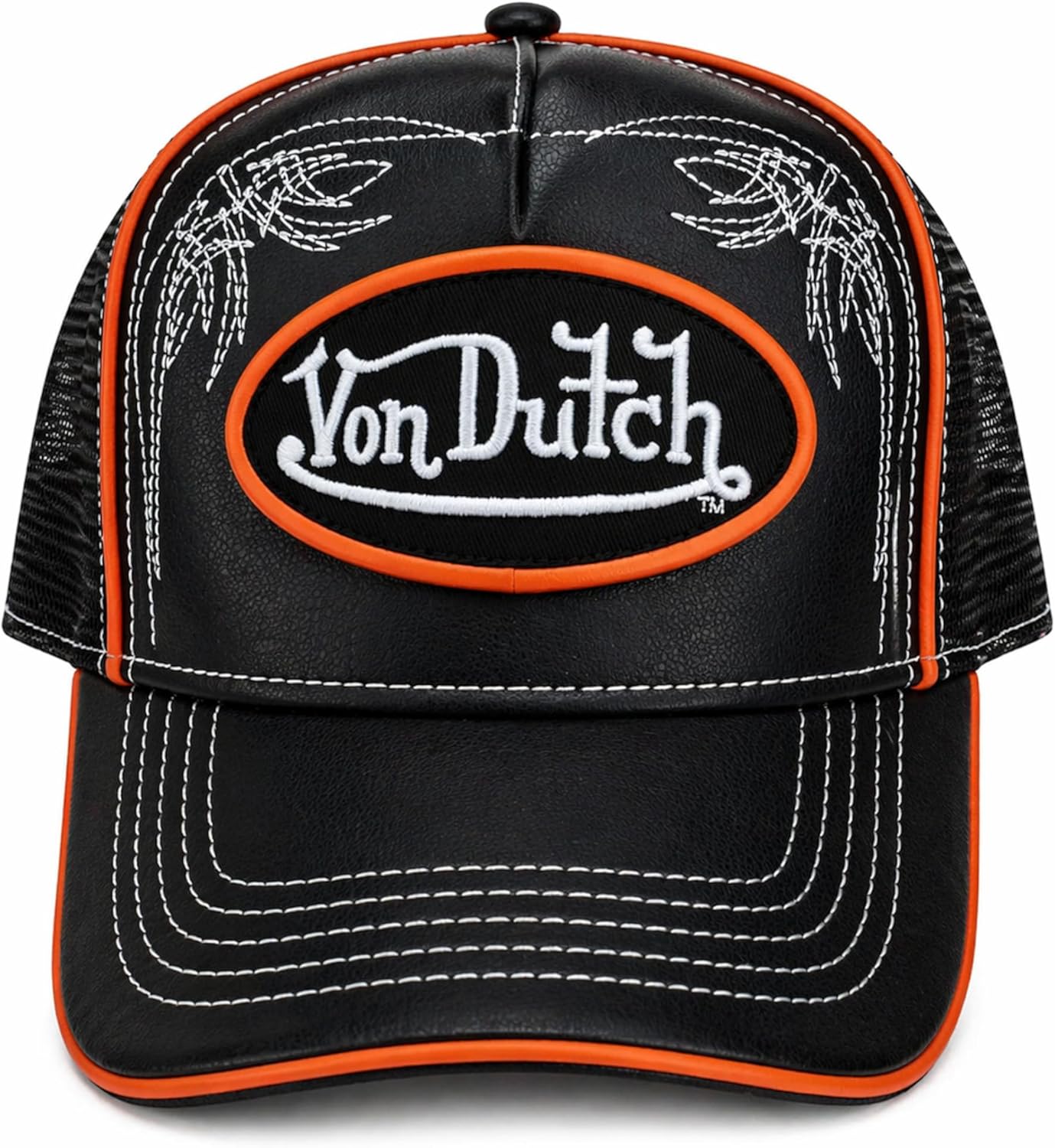 Von Dutch Trucker Hat, Black Faux Leather Front with Mesh Back, Snapback Adjustable Baseball Cap, Midnight Ember
