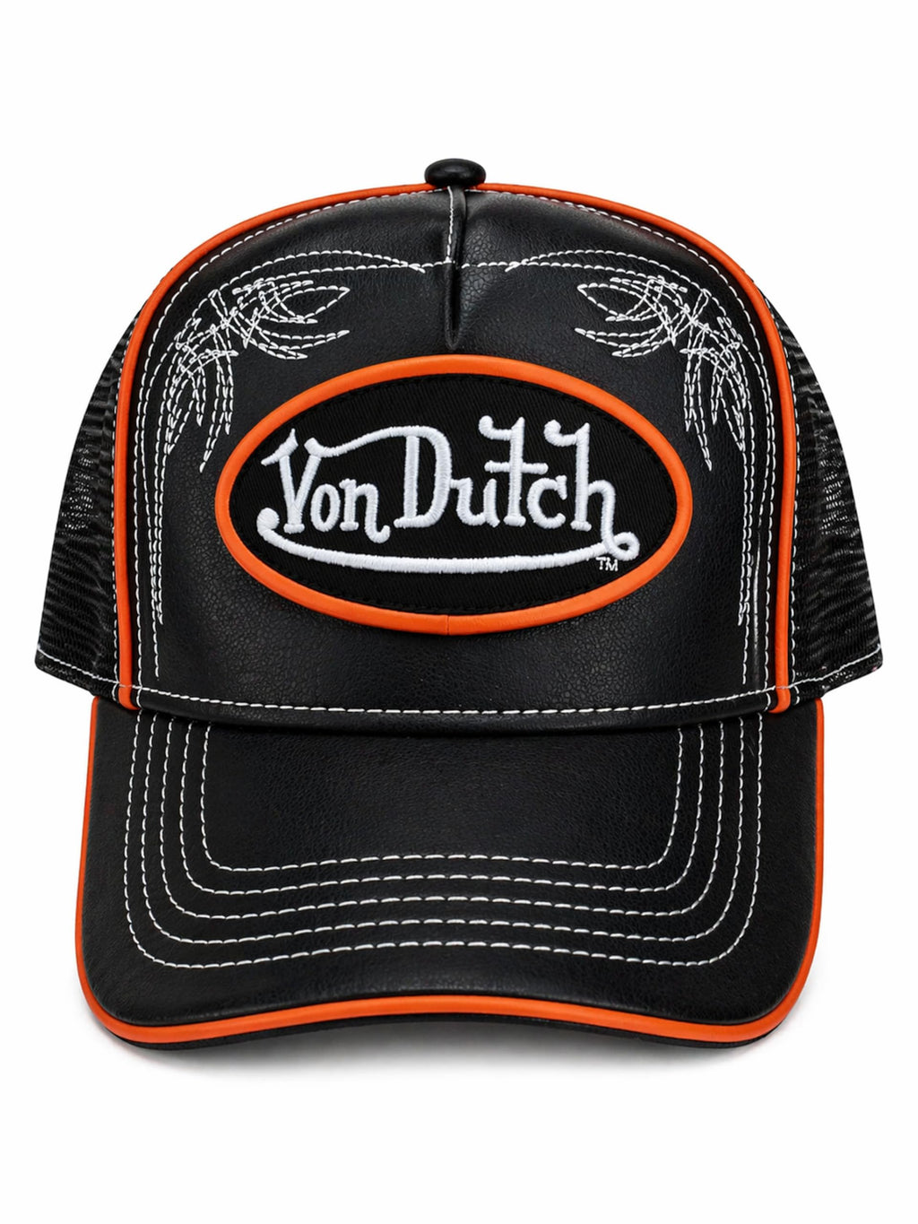 Von Dutch Trucker Hat, Black Faux Leather Front with Mesh Back, Snapback Adjustable Baseball Cap, Midnight Ember