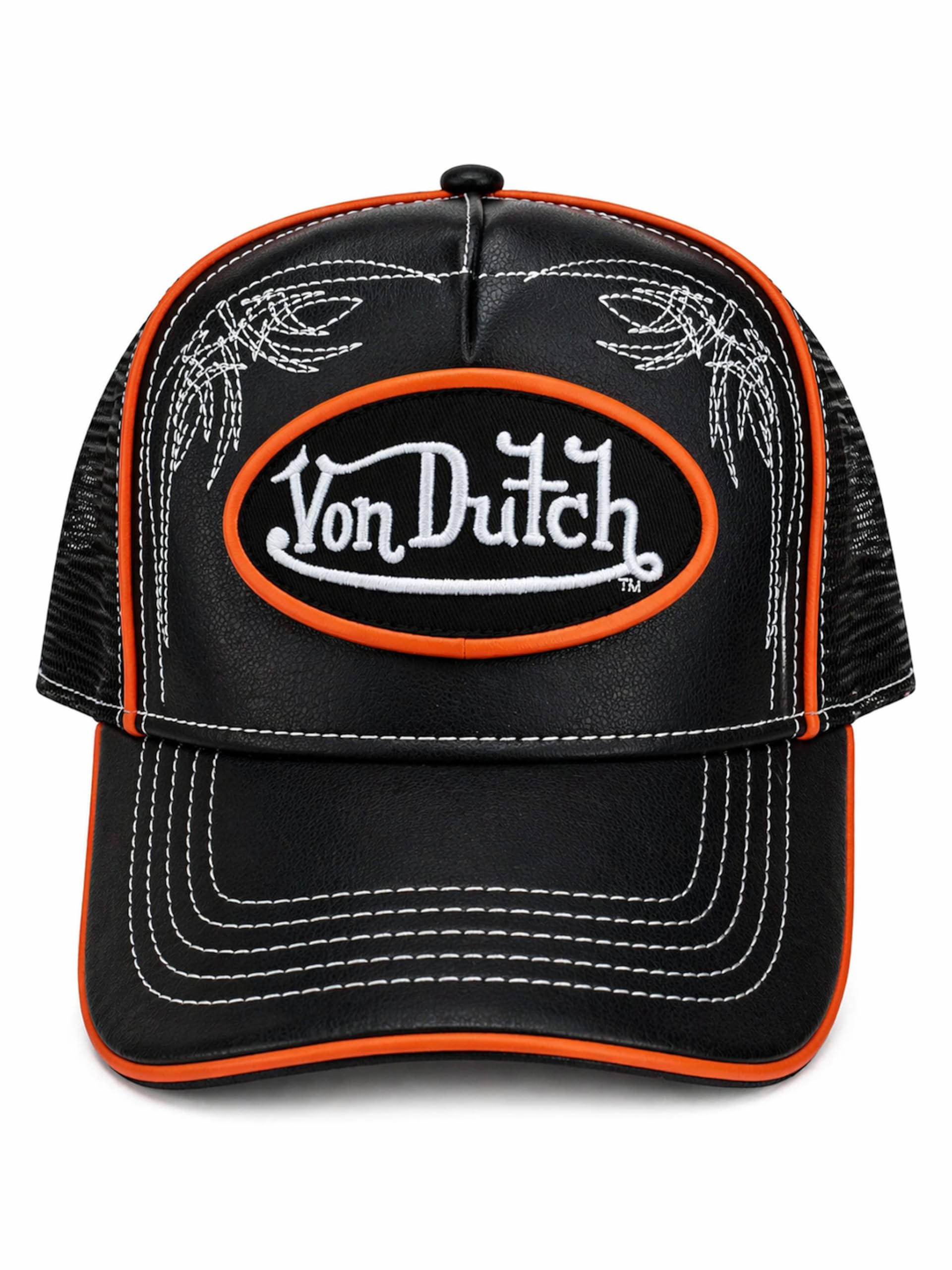 Von Dutch Trucker Hat, Black Faux Leather Front with Mesh Back, Snapback Adjustable Baseball Cap, Midnight Ember
