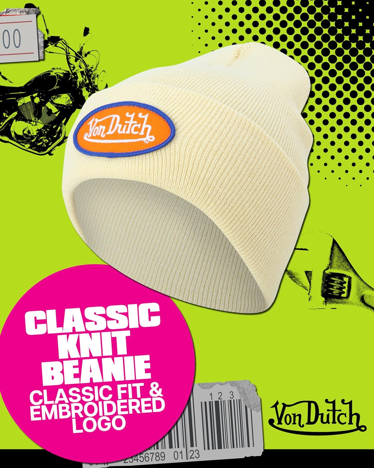Von Dutch Womens Beanie Hat - Soft Cuffed Knitted Skull Cap Graphic Winter Beanie for Women with Embroidered Logo