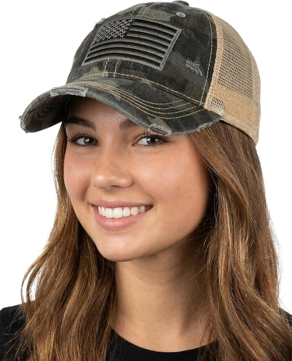 Funky Junque Trucker Hat for Women - Distressed Western Camo Baseball Cap, Mesh Adjustable Trendy