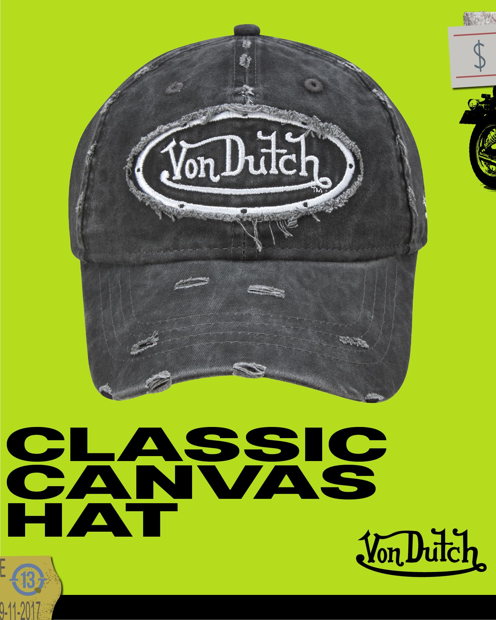 Von Dutch Men & Womens Baseball Caps - Breathable Adjustable Snapback Soft Cotton Canvas Curved Brim Vintage Hat, Size One Size, Black Distressed with Patched