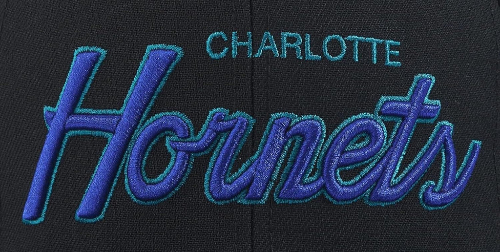 Mitchell & Ness Charlotte Hornets Script Pop Snapback Adjustable Hat Cap - Black with Purple Bill