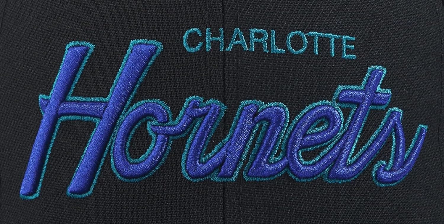 Mitchell & Ness Charlotte Hornets Script Pop Snapback Adjustable Hat Cap - Black with Purple Bill