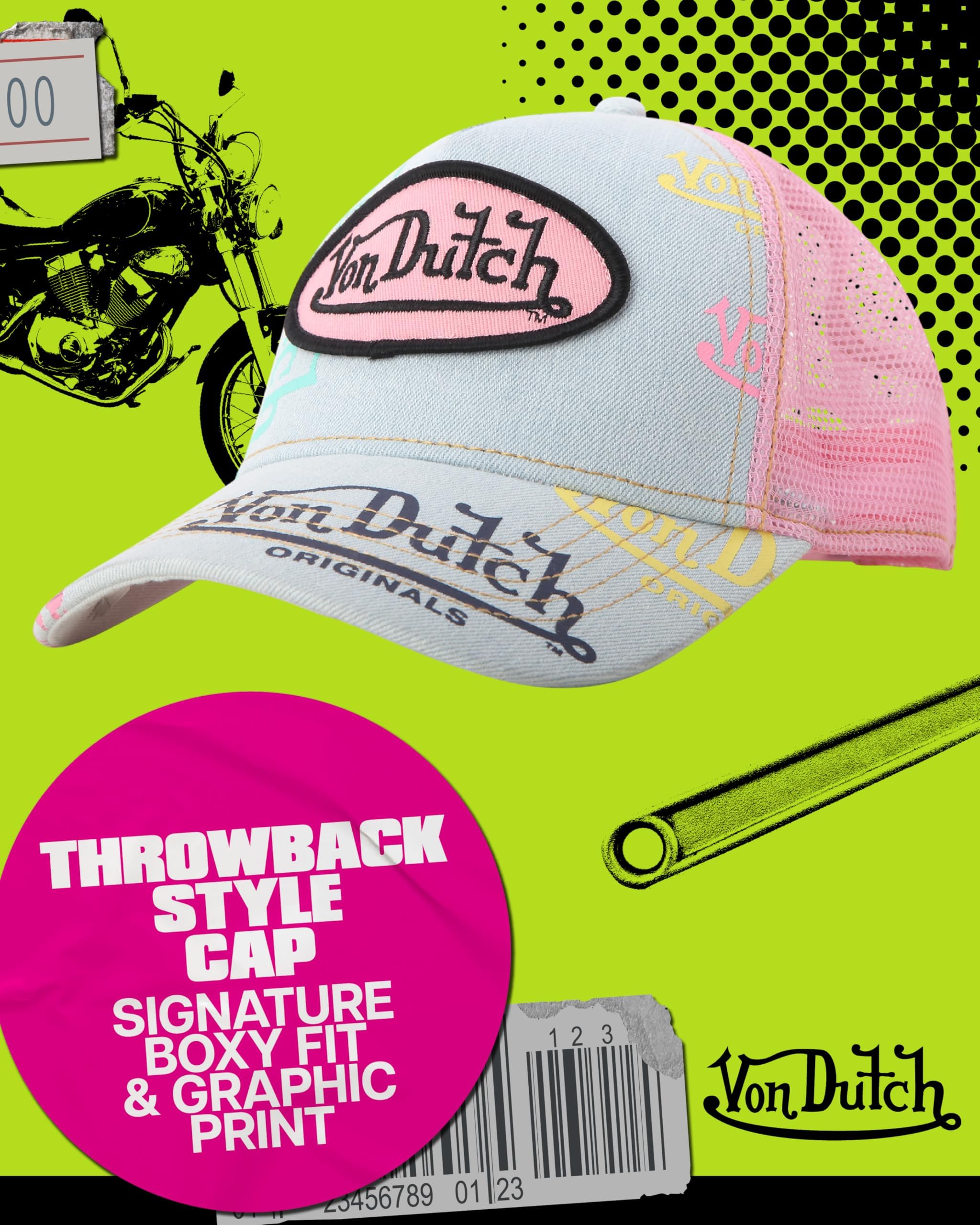 Von Dutch Monogram Trucker Cap - Retro Snapback Cap for Men and Women - Adjustable Snap Fit Panel, Mesh Rear, Curved Bill