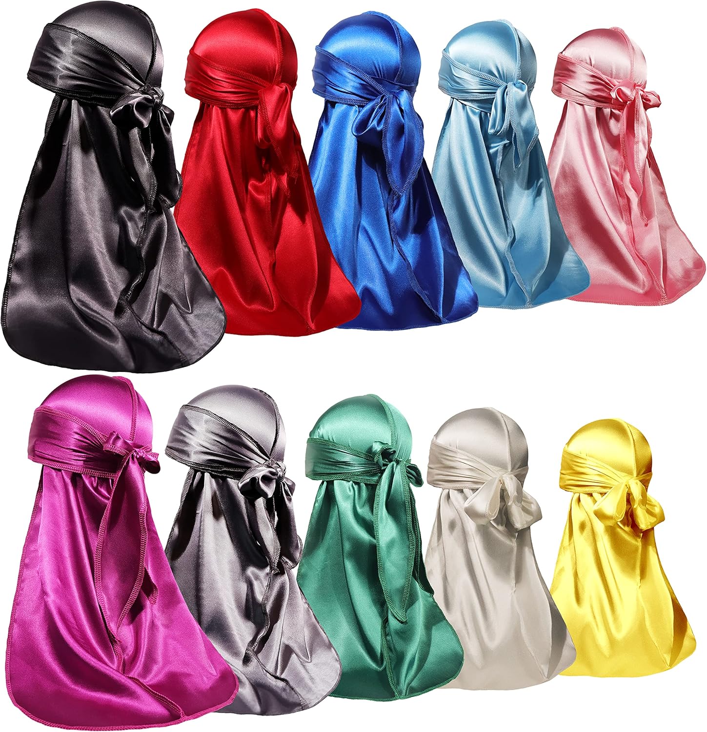 ForceWave 10 Pieces Silky Durags Long Tail for Women Men Satin Durag 360 Wave，Dorag, 10 Pieces