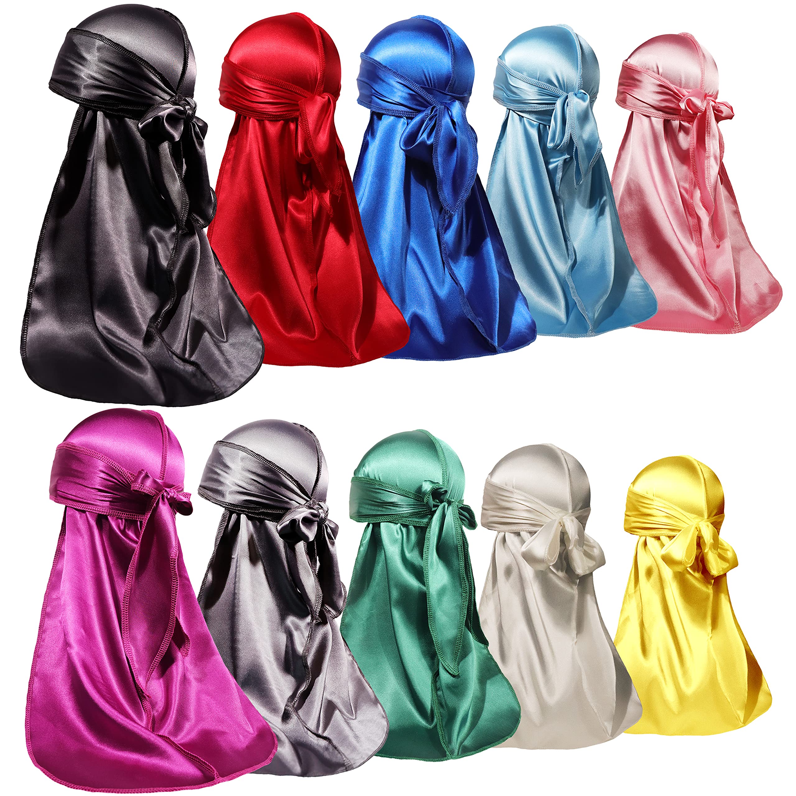 ForceWave 10 Pieces Silky Durags Long Tail for Women Men Satin Durag 360 Wave，Dorag, 10 Pieces