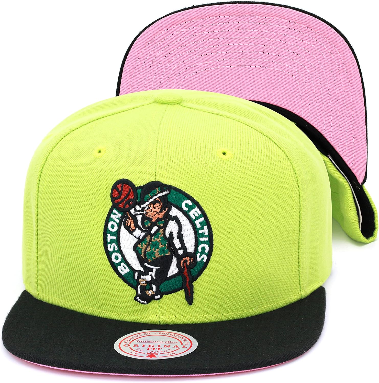 Mitchell & Ness Snapback Hat Adjustable Cap - Light Pastel Green/Pink Bottom