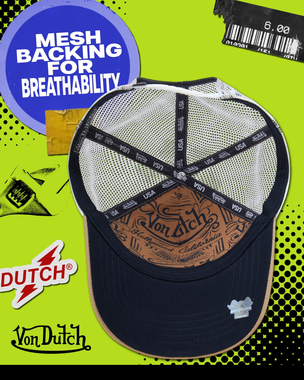 Von Dutch Unisex Trucker Hat - Curved Bill Mesh Back Retro Classic Colorblock Snapback Baseball Cap for Men and Women