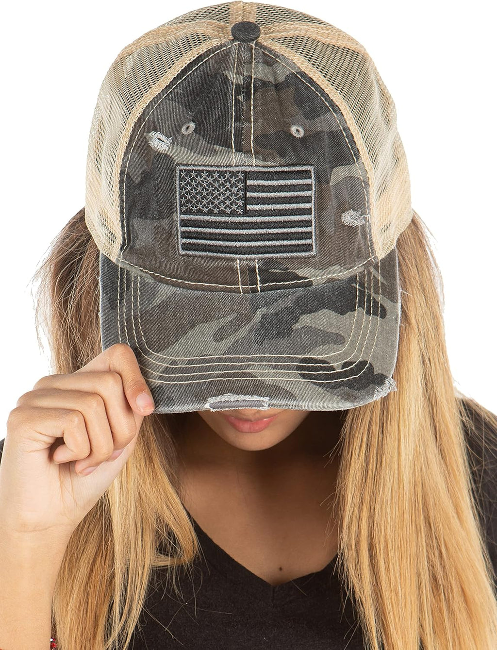 Funky Junque Trucker Hat for Women - Distressed Western Camo Baseball Cap, Mesh Adjustable Trendy