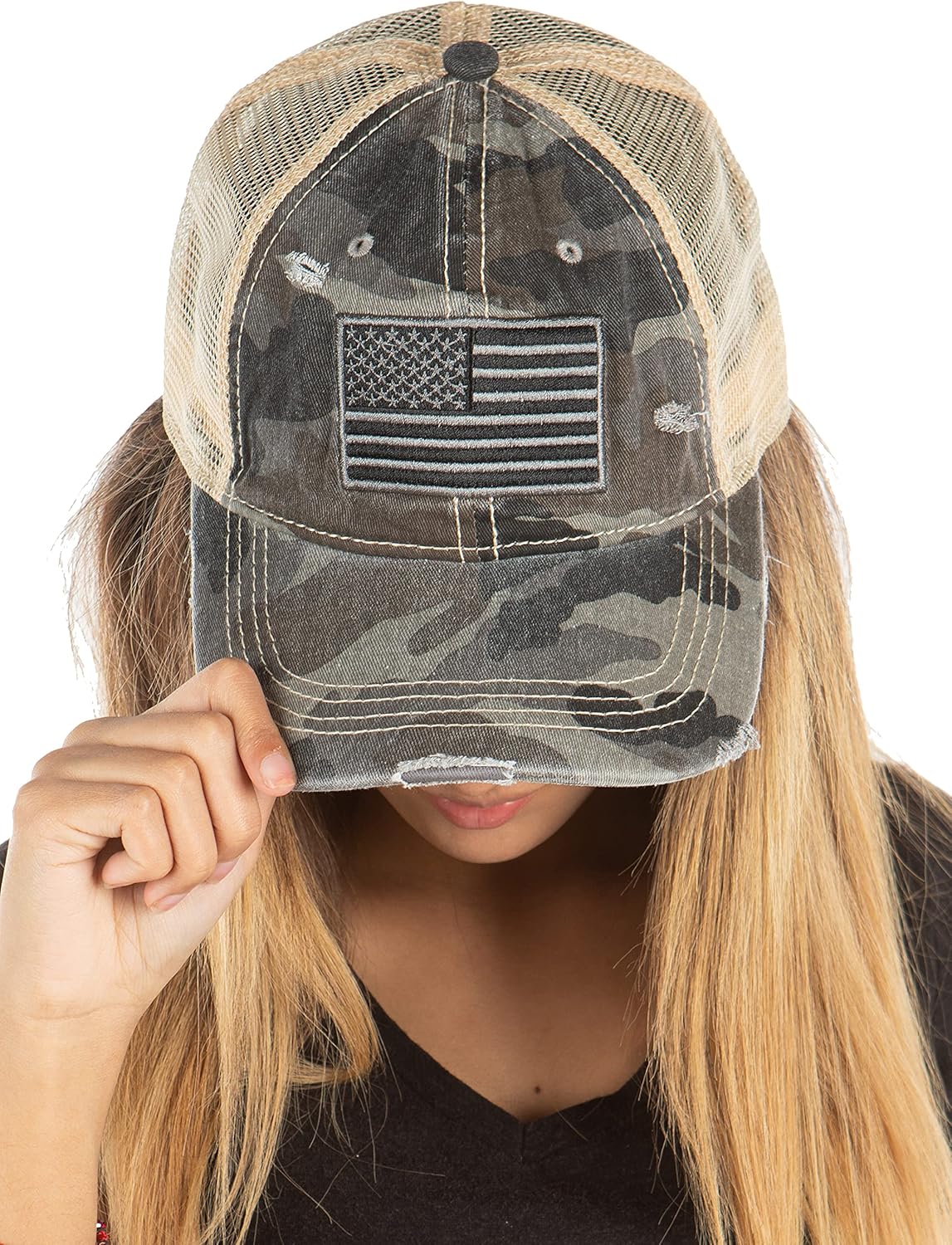 Funky Junque Trucker Hat for Women - Distressed Western Camo Baseball Cap, Mesh Adjustable Trendy