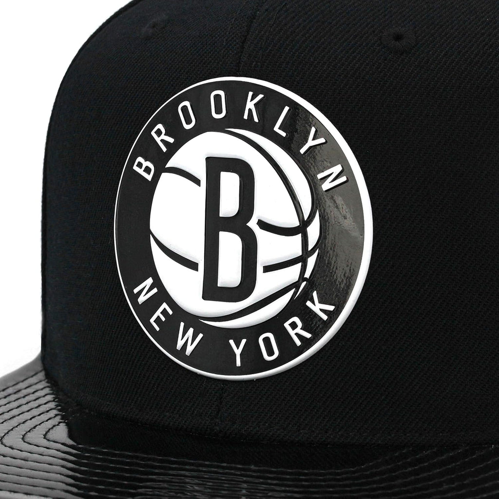 Mitchell & Ness Brooklyn Nets Snapback Hat - Black/Patent Leather/TPU Material - Basketball Cap for Men