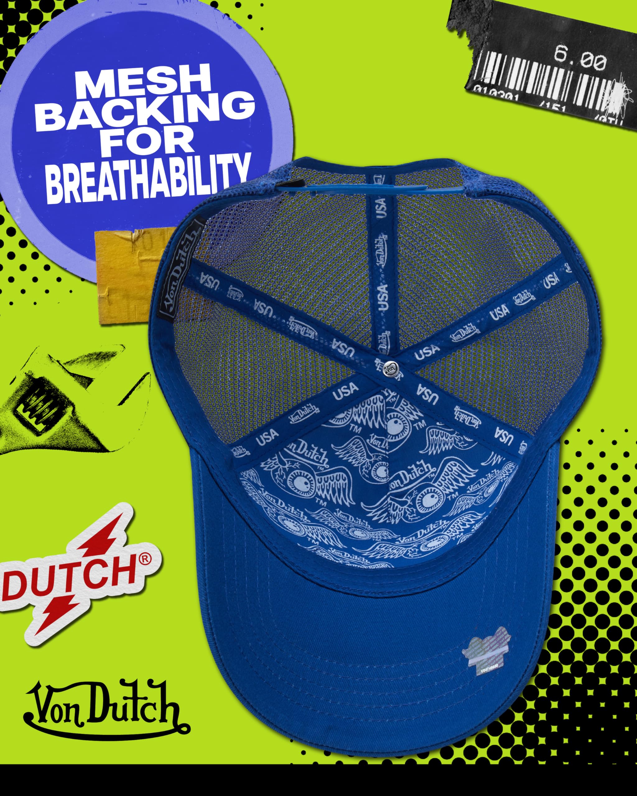 Von Dutch Unisex Trucker Hat - Curved Bill Mesh Back Retro Classic Colorblock Snapback Baseball Cap for Men and Women