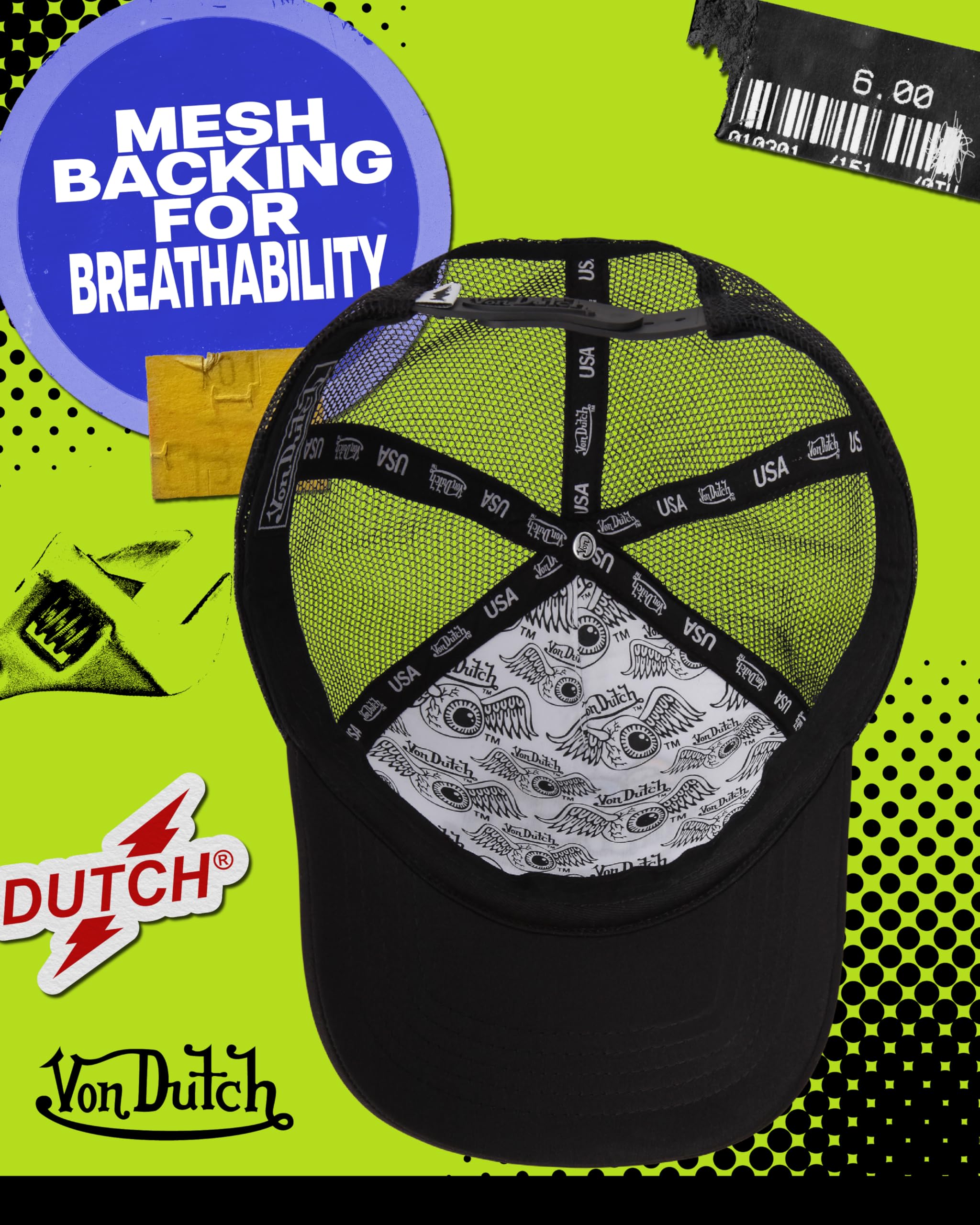 Von Dutch Monogram Trucker Cap - Retro Snapback Cap for Men and Women - Adjustable Snap Fit Panel, Mesh Rear, Curved Bill