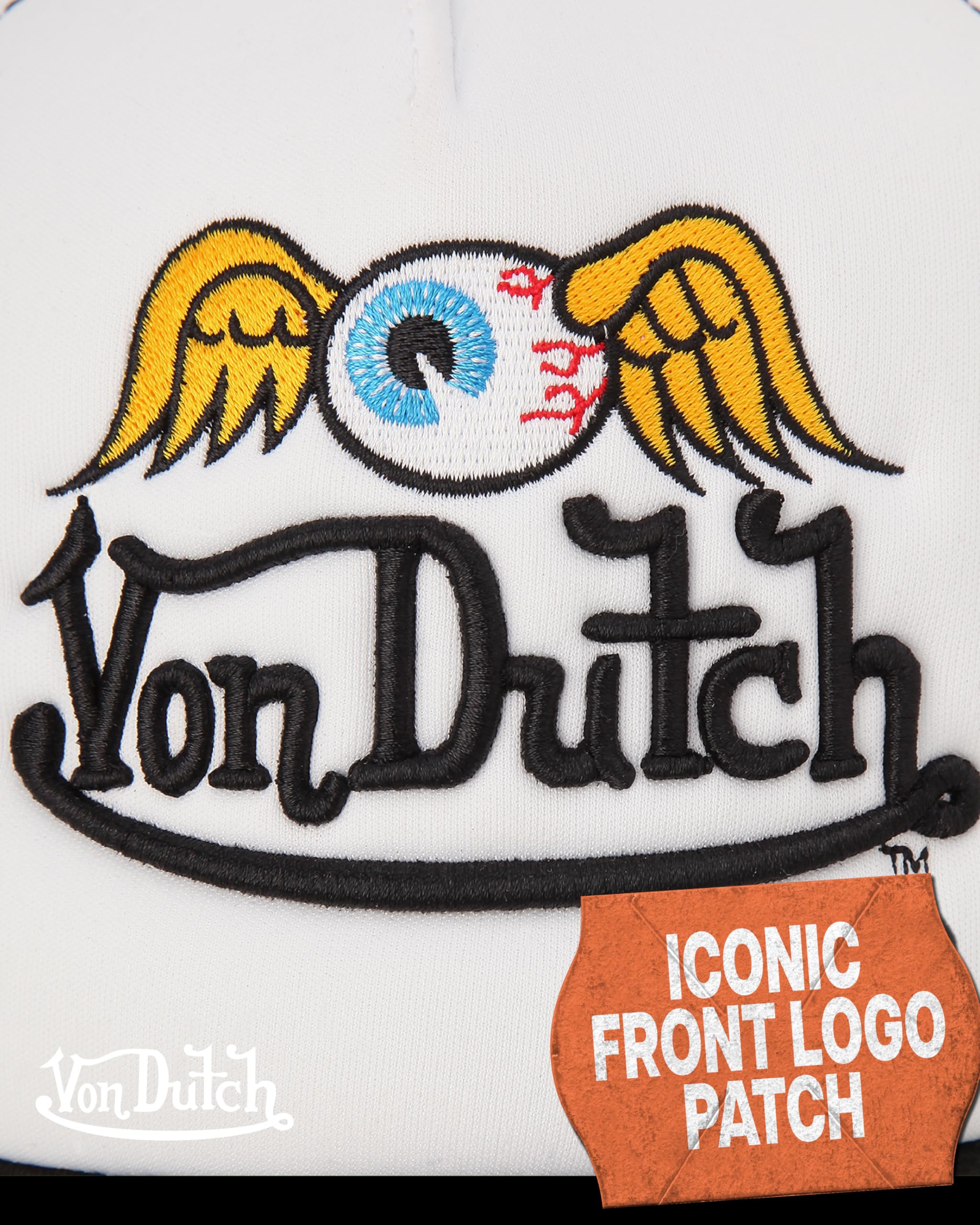 Von Dutch Monogram Trucker Cap - Retro Snapback Cap for Men and Women - Adjustable Snap Fit Panel, Mesh Rear, Curved Bill
