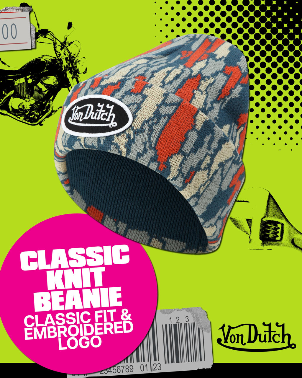 Von Dutch Womens Beanie Hat - Soft Cuffed Knitted Skull Cap Graphic Winter Beanie for Women with Embroidered Logo, Size One Size, Industrial Blue