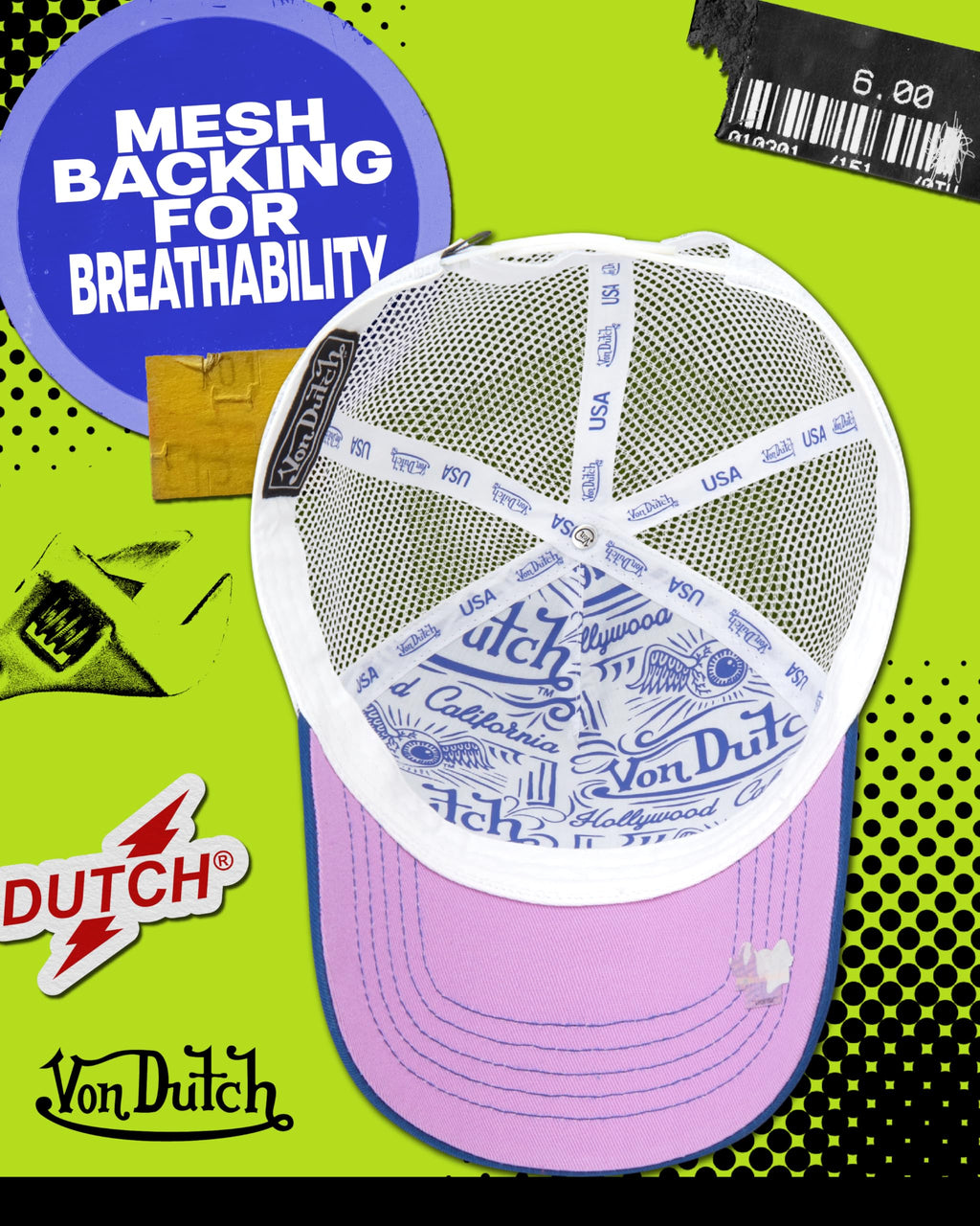 Von Dutch Unisex Trucker Hat - Curved Bill Mesh Back Retro Classic Colorblock Snapback Baseball Cap for Men and Women