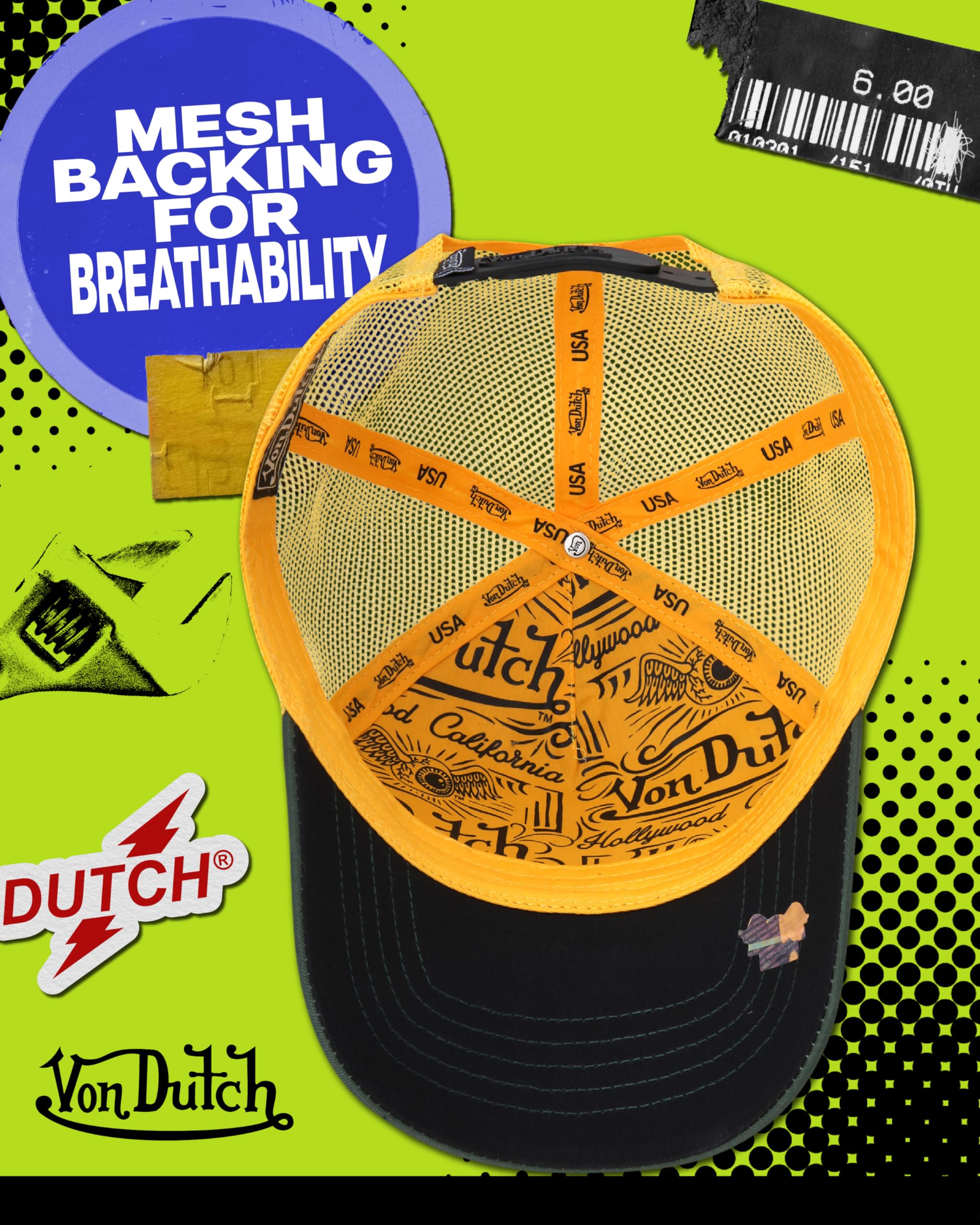 Von Dutch Unisex Trucker Hat - Curved Bill Mesh Back Retro Classic Colorblock Snapback Baseball Cap for Men and Women